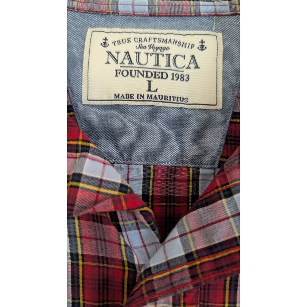 Nautica Vintage Mens Long Sleeve Button Down Plaid Shirt Rich Burgundy Y2k LARGE